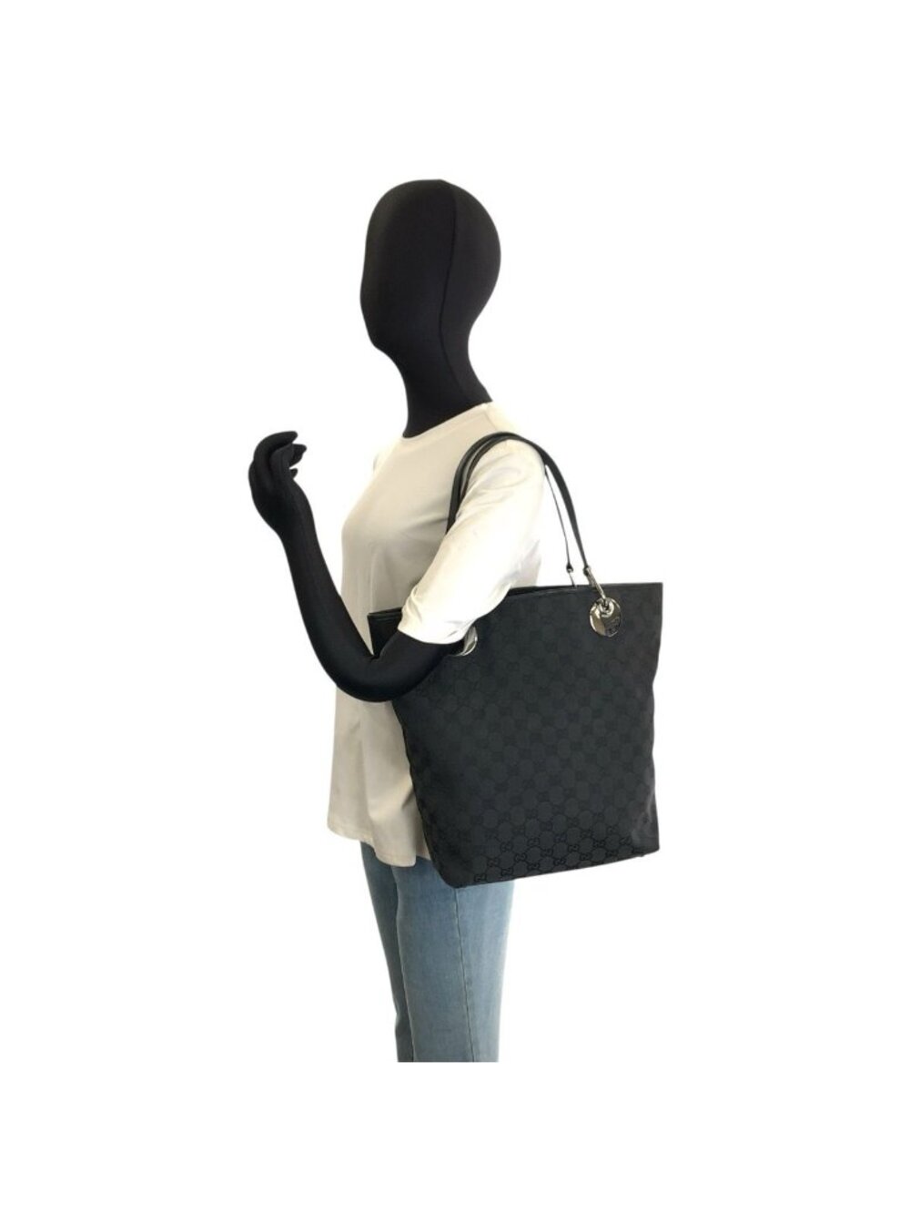 Gucci Black Silver GG Canvas Tote Shoulder Bag - Picture 6 of 9